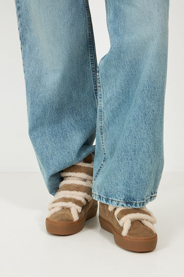 Shearling Velcro Wedge - Light Beige