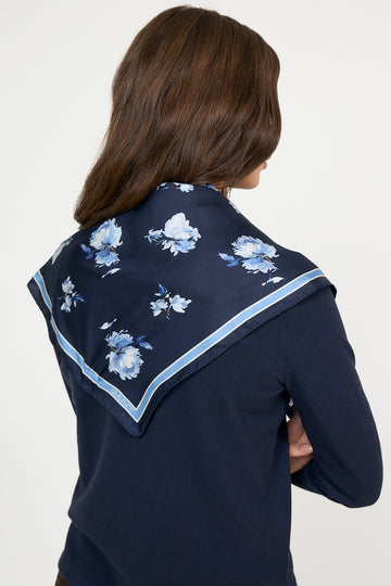 Floral Print Silk Scarf - Evening Blue