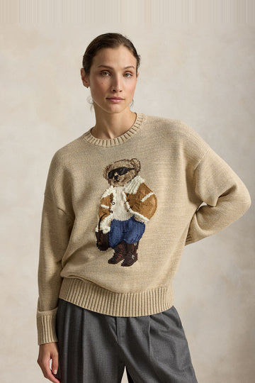 Winter Polo Bear Crewneck Sweater - Tan Multi