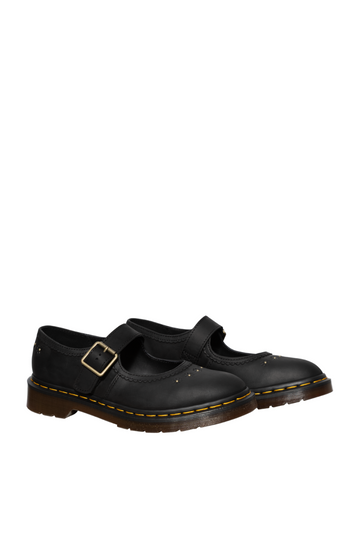 Mary Jane Flower Crazy Horse Leather Shoes - Black