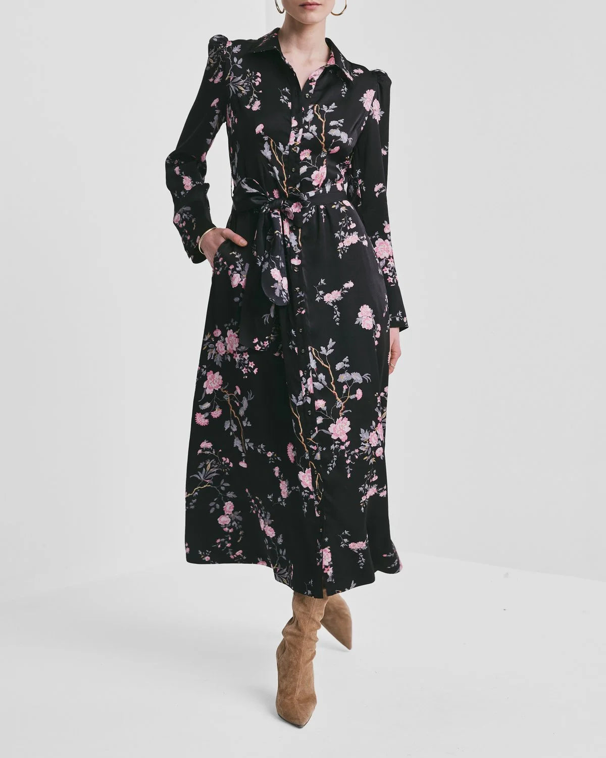 Satin Belt Dress - Midnight Garden