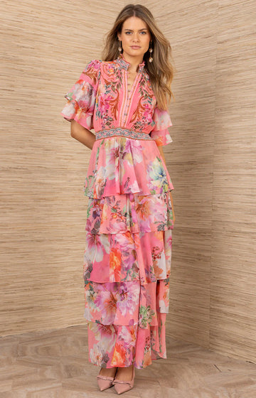 Itzayana Long Dress W Tiered - Coral