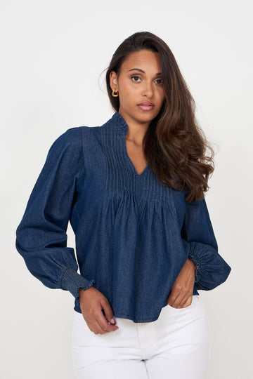 Emma Denim Solid Blouse - Blue