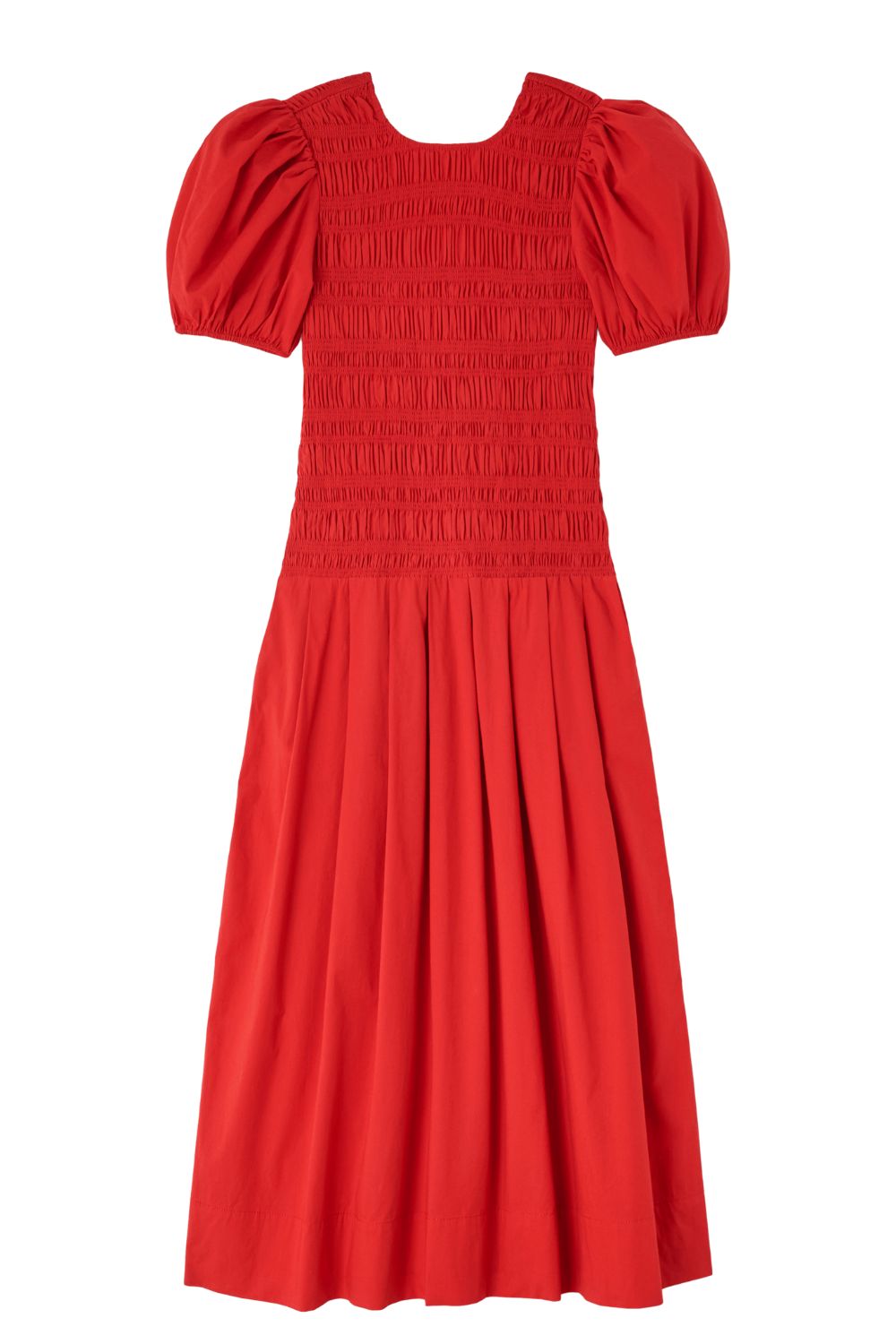 Ganni - Kjoler - Stretch Cotton Long Smocked Pleated Dress - Goji