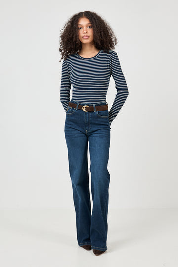Anna Ls Crew Neck Tee Str - Dark Sapphire W Snow White Stripes