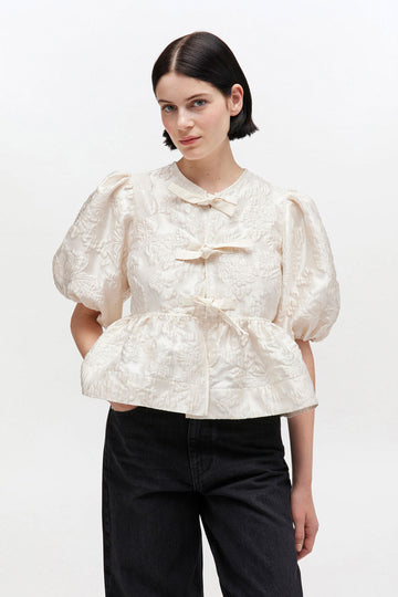 Satin Cloque Peplum Blouse - Egret