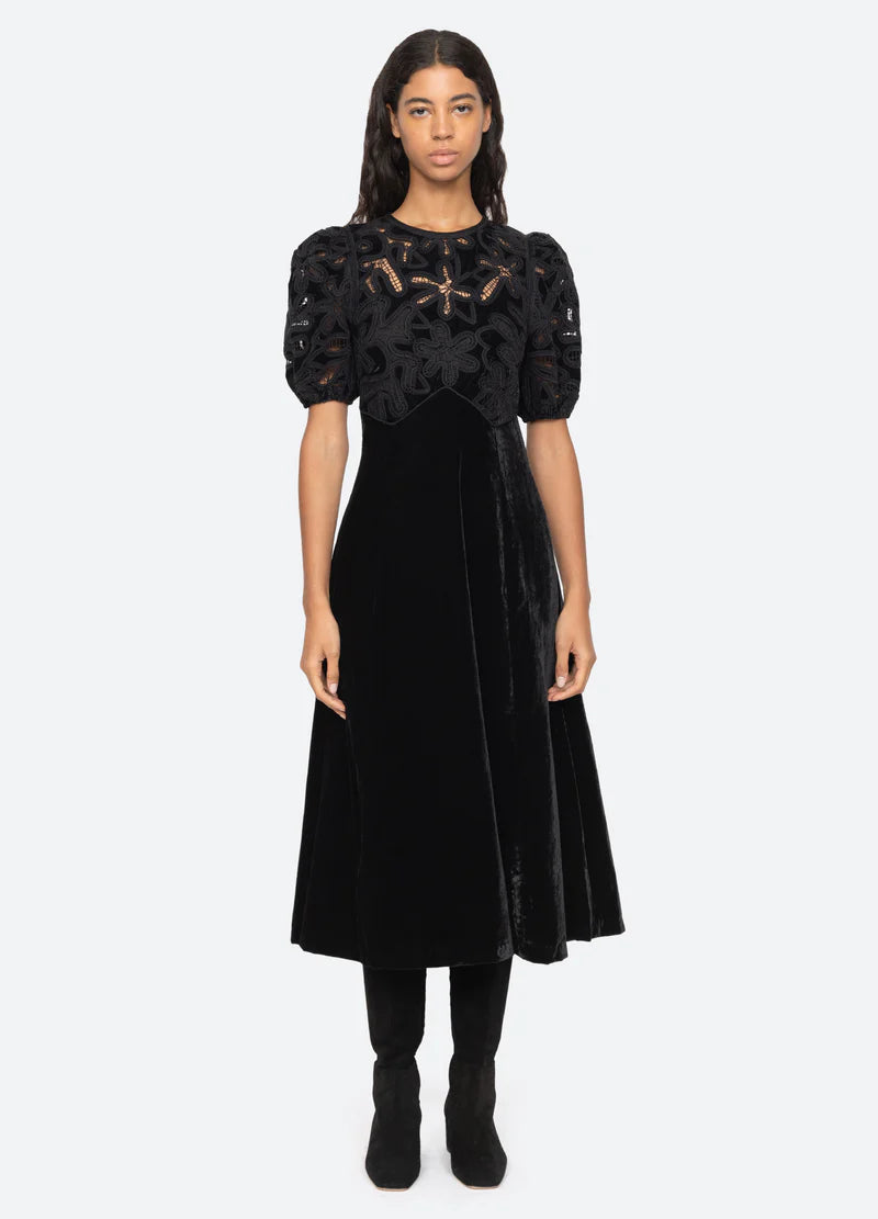 Alice Embroidery Velvet Puff Slv Dress - Black