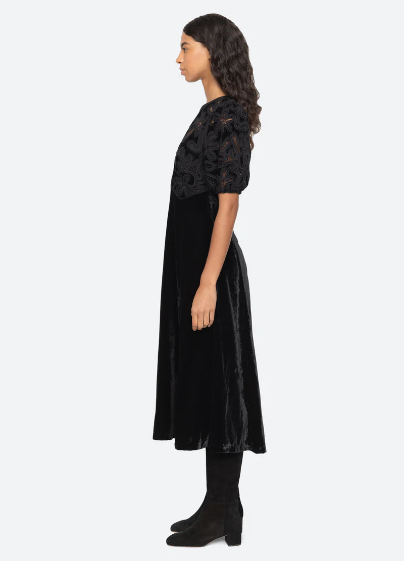 Alice Embroidery Velvet Puff Slv Dress - Black