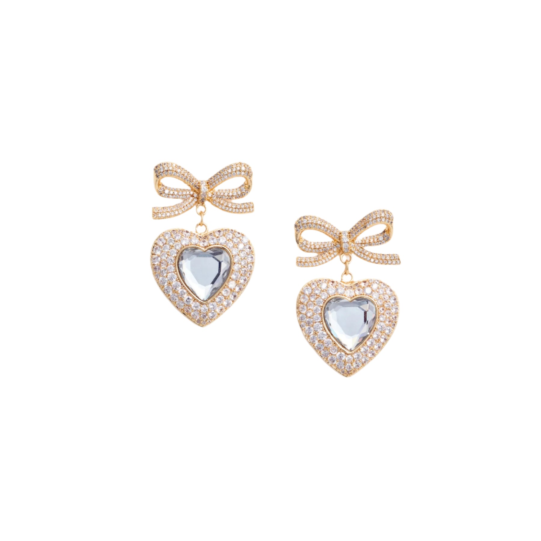 Bow Crystal Heart Earrings - Gold