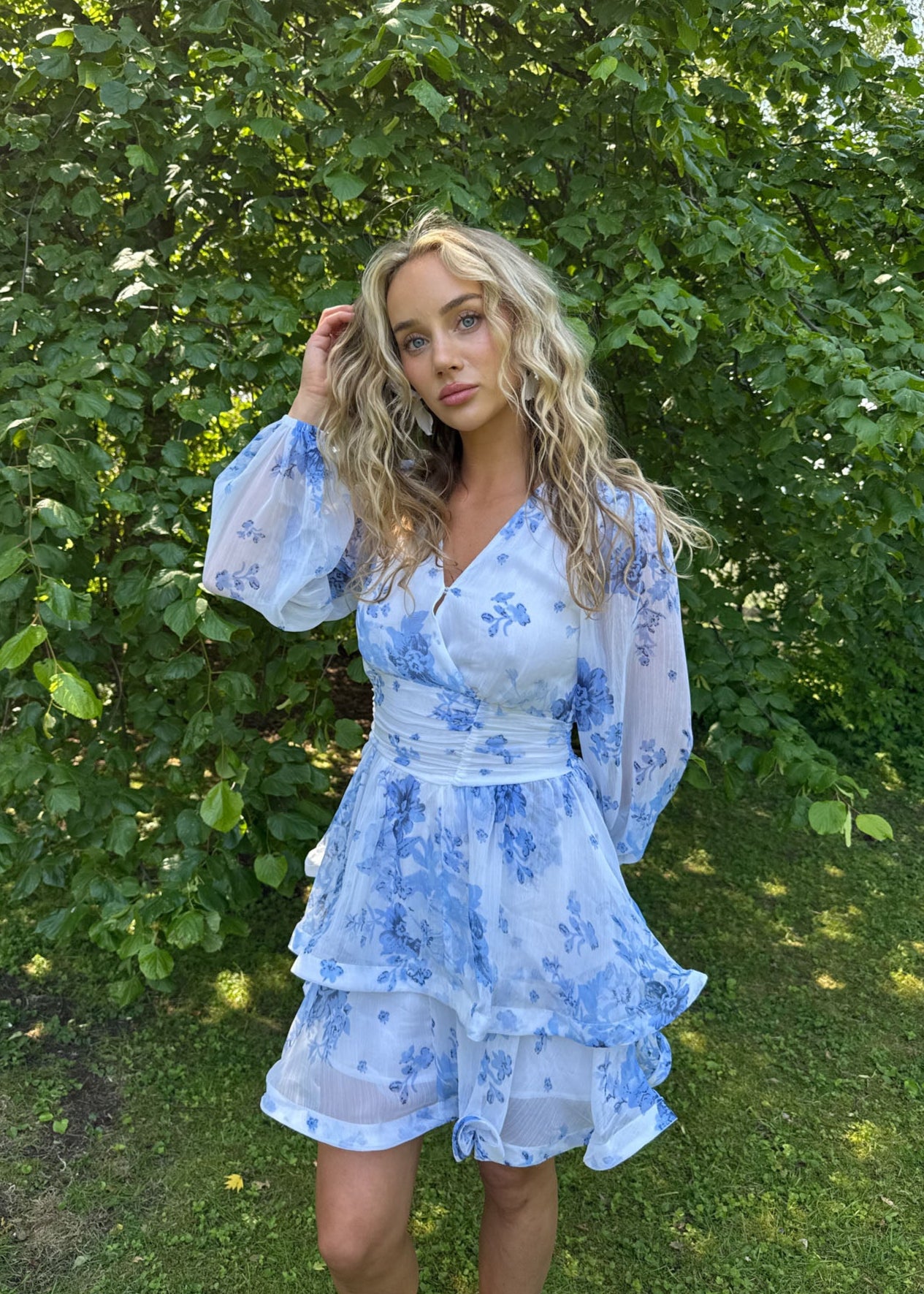 Jade Wave Chiffon Flower Dress - Blue Flower