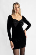 Bow-Down Velvet Mini Dress - Black