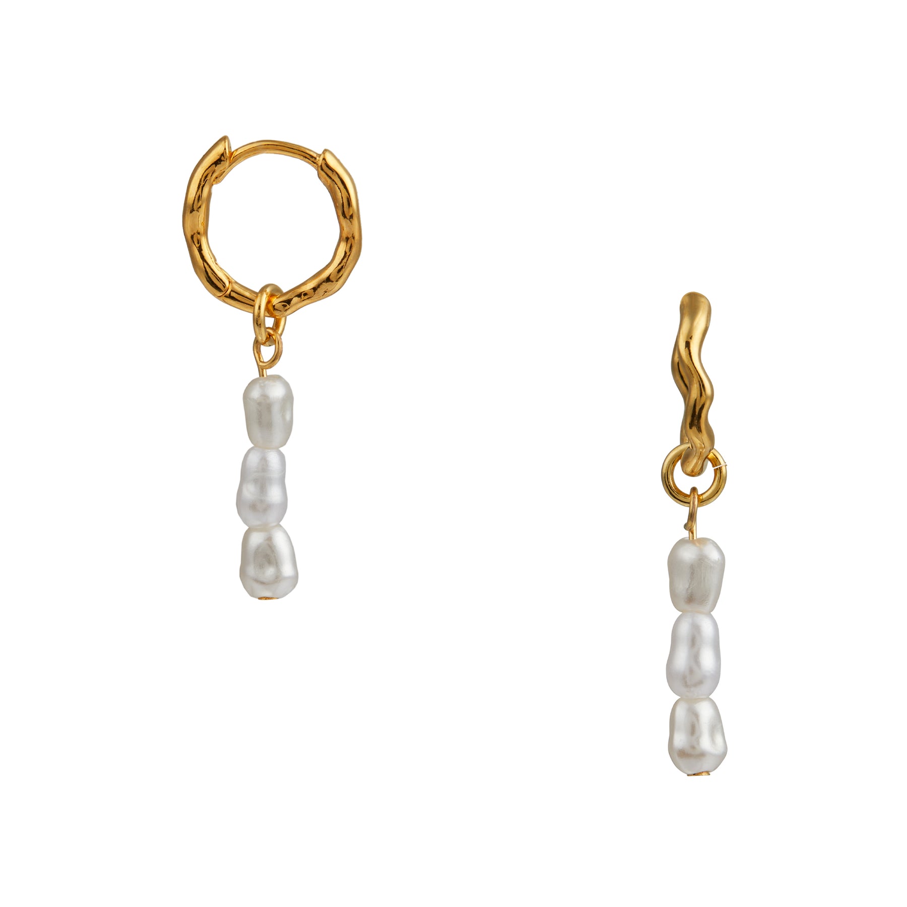 Multi Pearl Drop Organic Huggie Hoops - Pale Gold