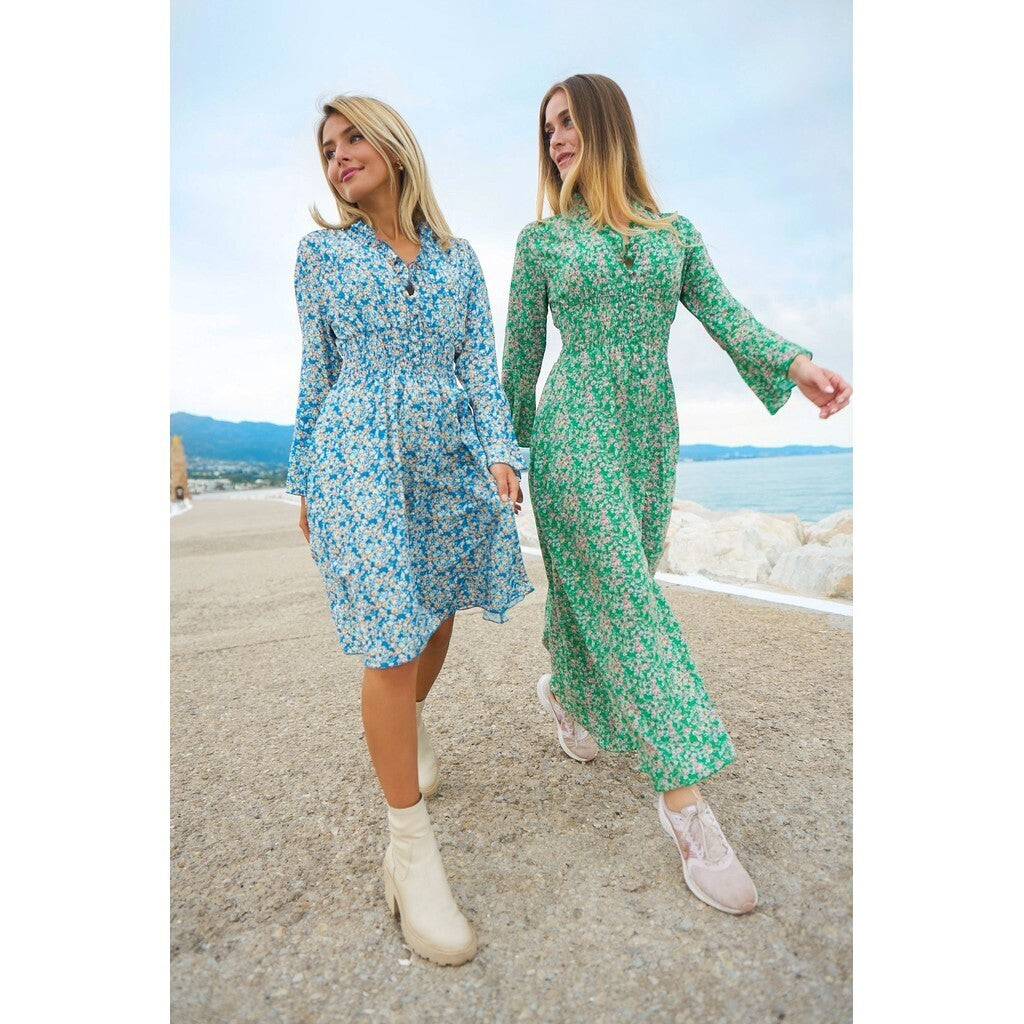 Sally Short Dress - Teal Blue Flower