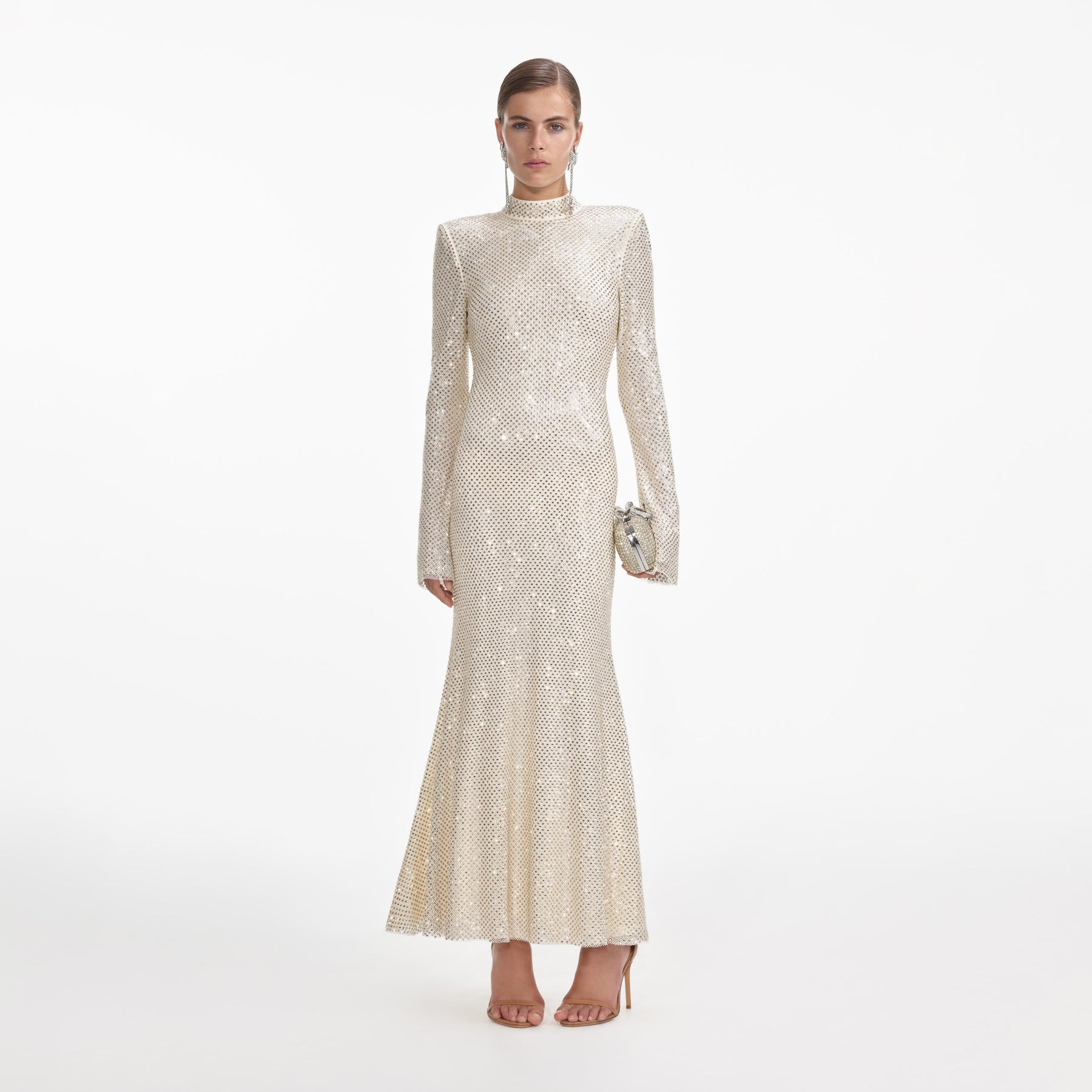 Square Rhinestone Fishnet Midi Dress - Cream