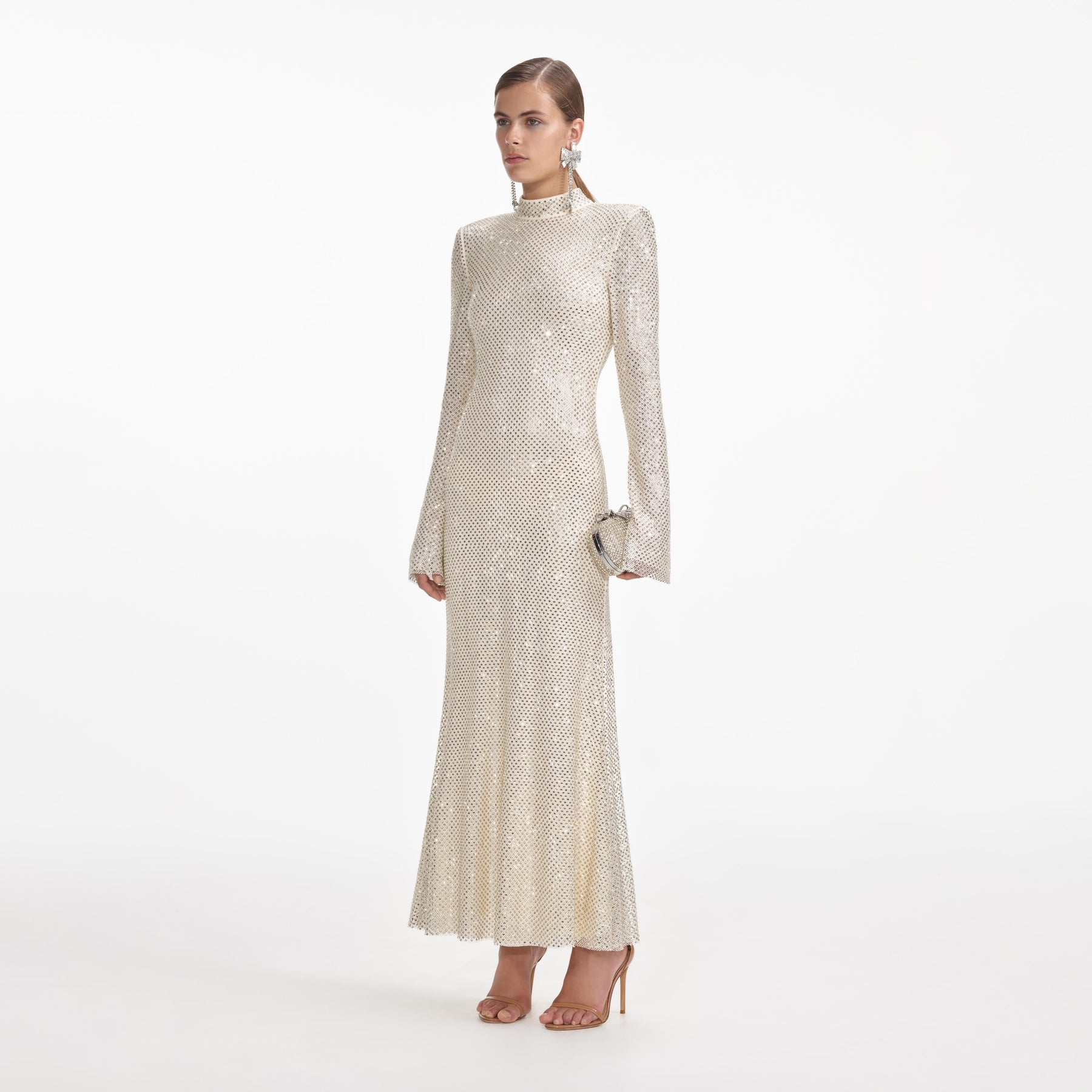 Square Rhinestone Fishnet Midi Dress - Cream