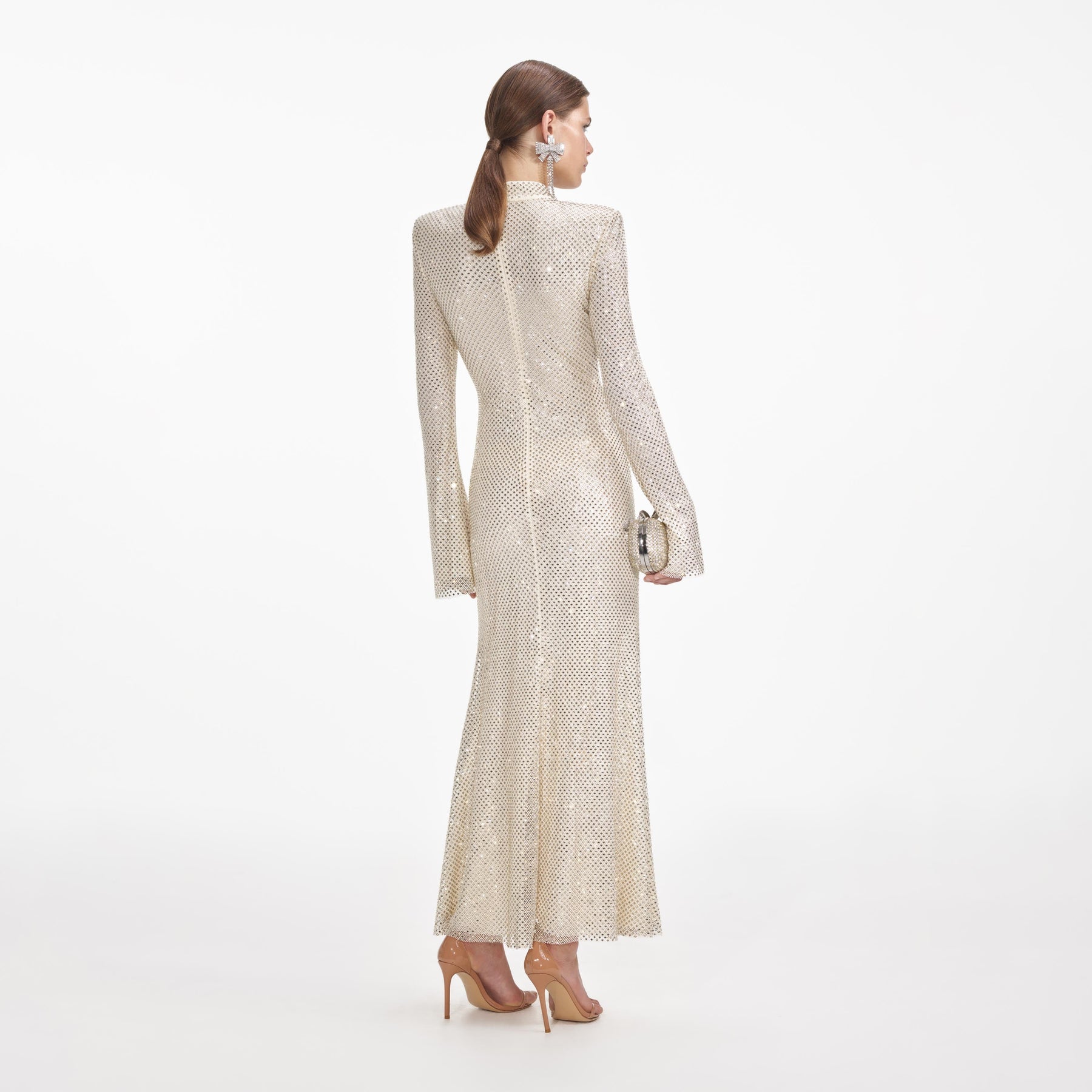 Square Rhinestone Fishnet Midi Dress - Cream