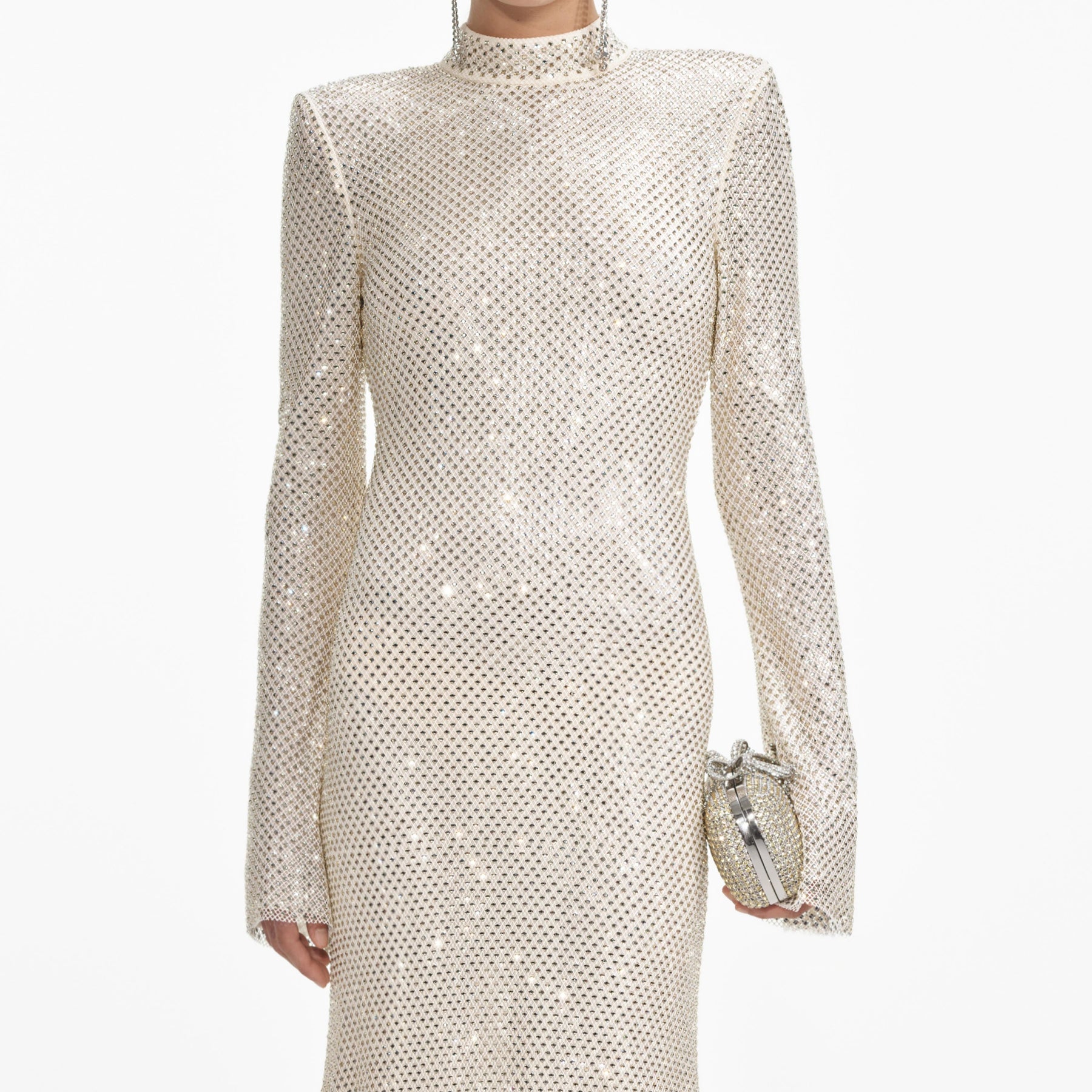 Square Rhinestone Fishnet Midi Dress - Cream