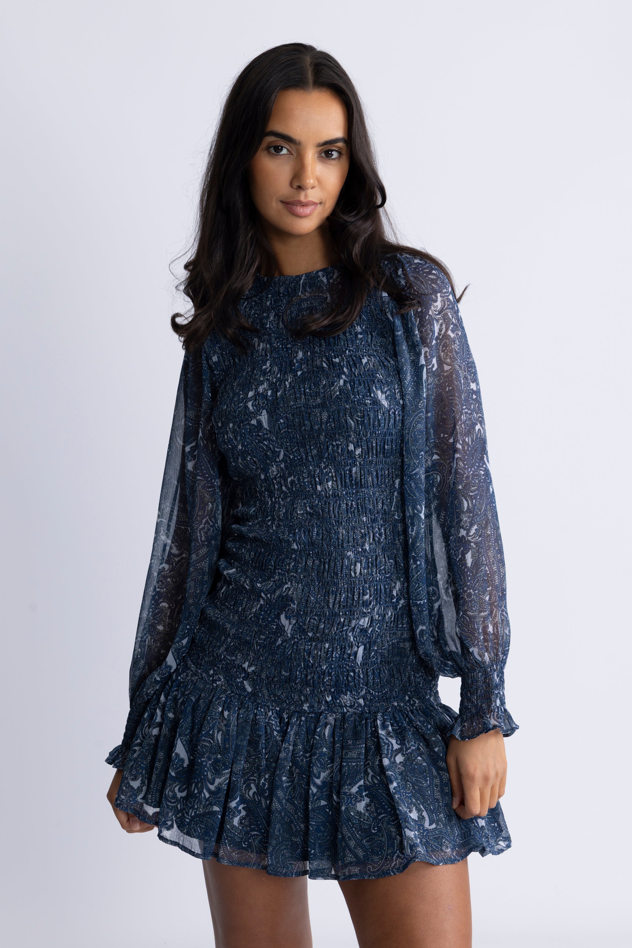 Rira Smock Chiffon Dress - Blue Paisley