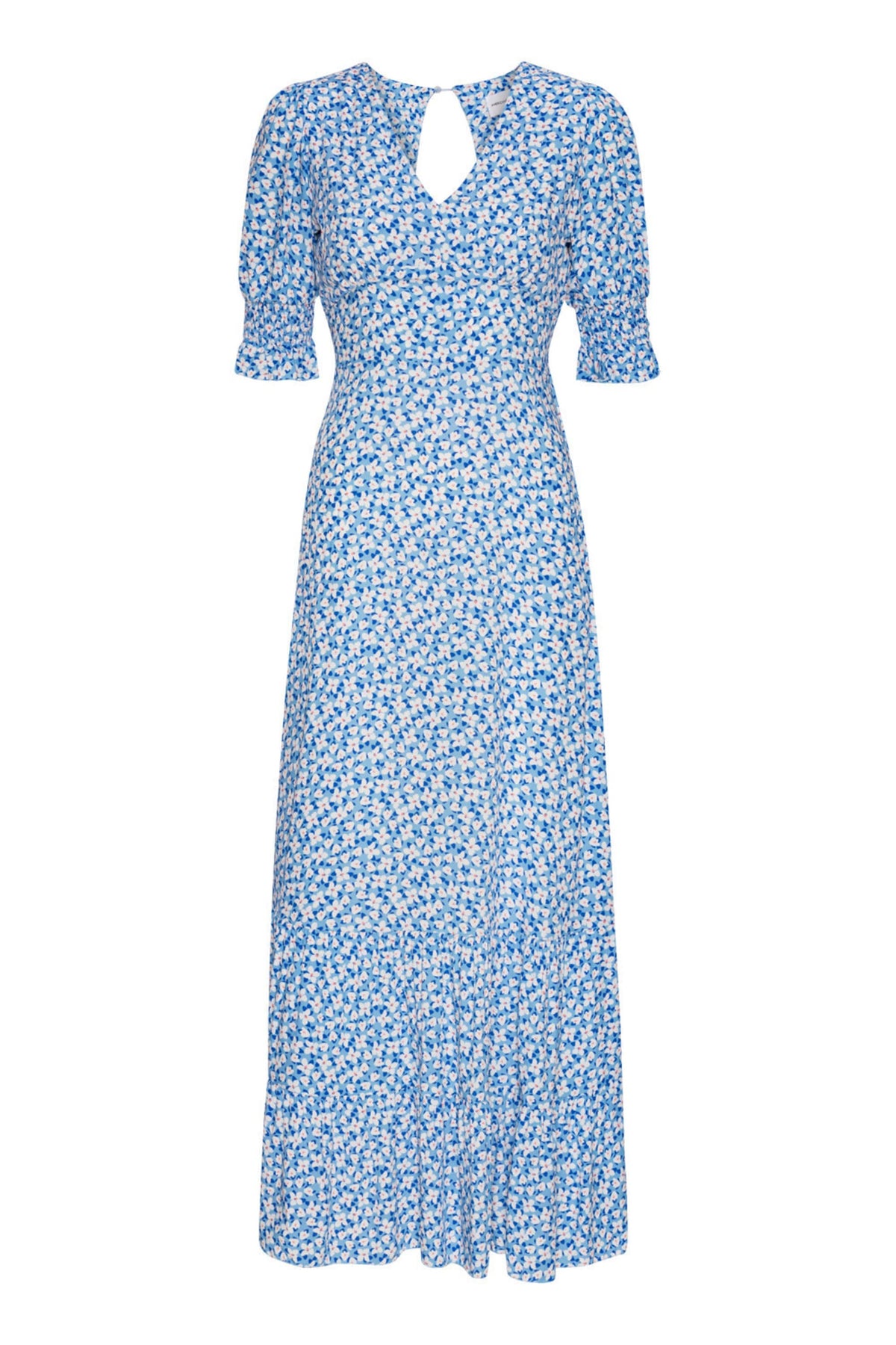 Koko Dress Long Open Back Short Sleeves - Blue White Flowers