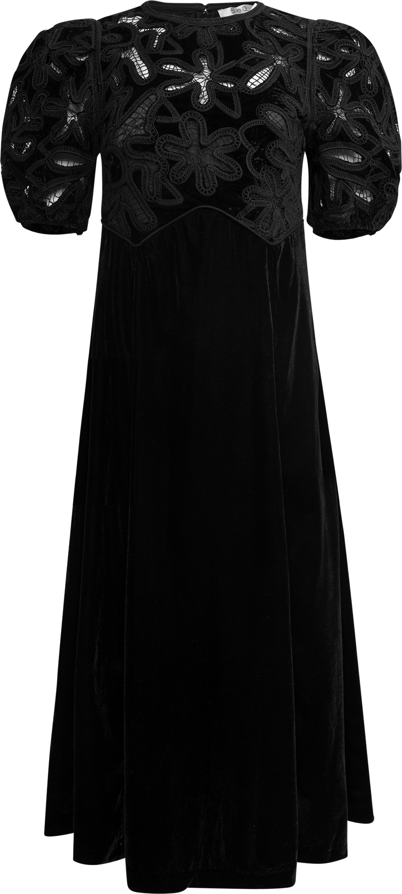 Alice Embroidery Velvet Puff Slv Dress - Black