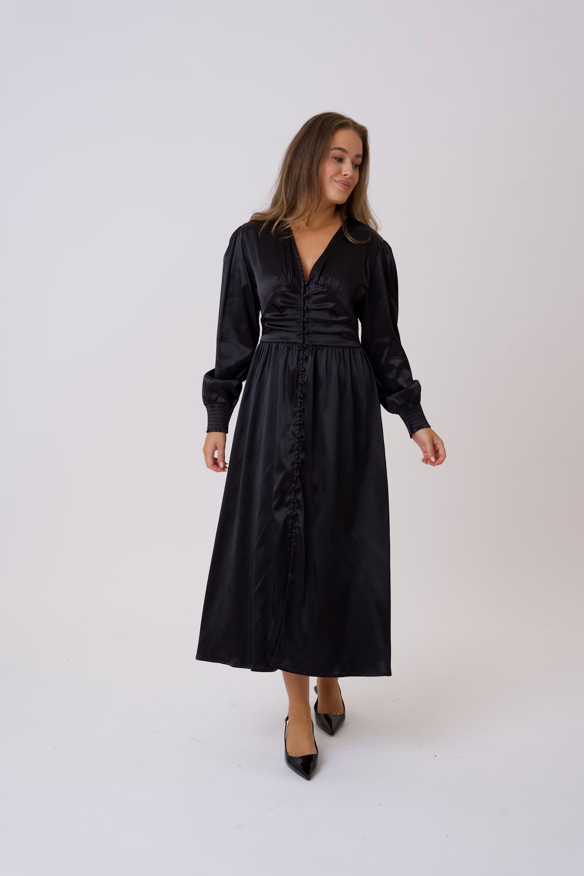 Adelic Long Dress - Black Satin