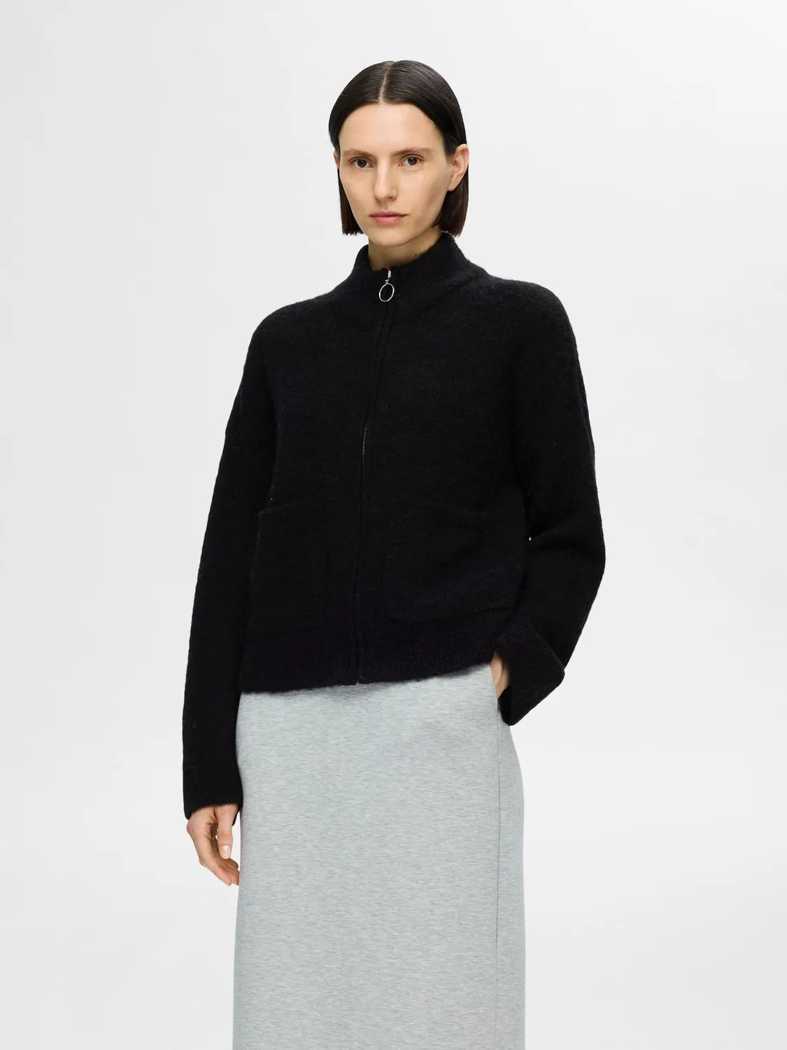 Sia Ras Ls Knit Zipper Cardigan - Black