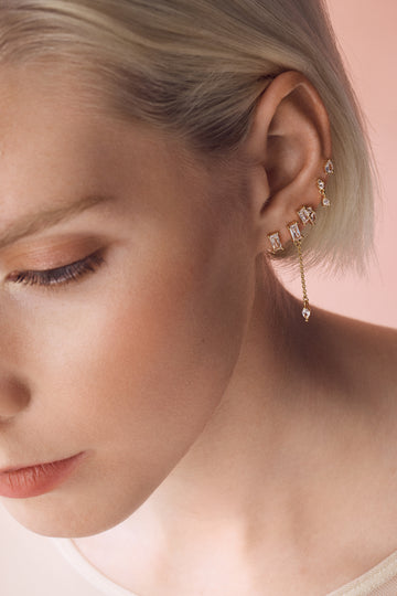Baguette Stud Chain Drop Earrings - Crystal
