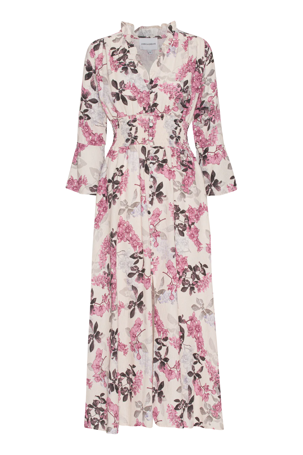 Sally Cotton Long Dress Cream White Light Pink Big Flower VILLOID