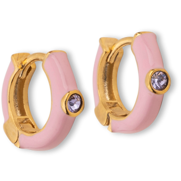 Pink Enamel Huggie Hoop Earrings With Swarovski Crystals - Pale Gold