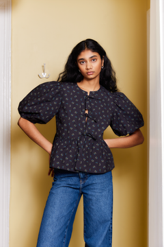Printed Cotton Peplum Blouse - Phantom