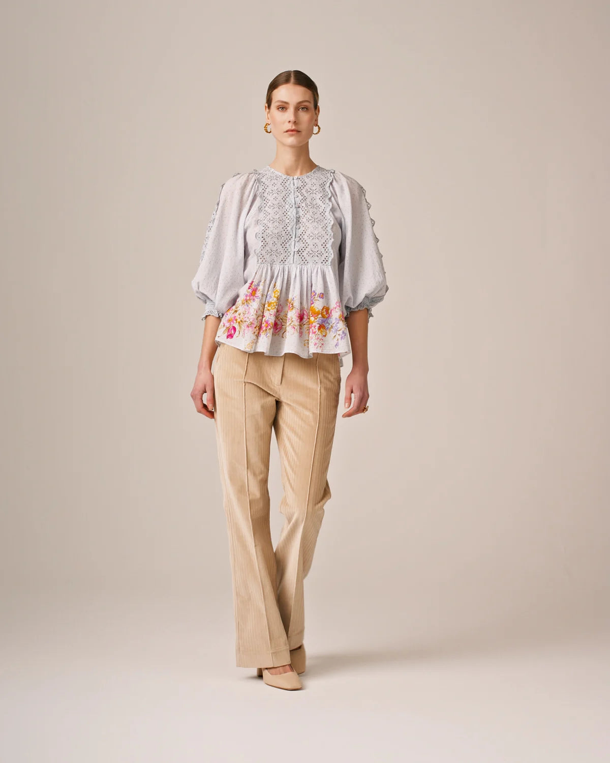 Cotton Slub Embroidery Blouse - Flower Market