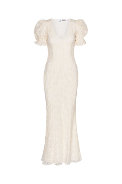 Lace Puffy Maxi Dress - Egret