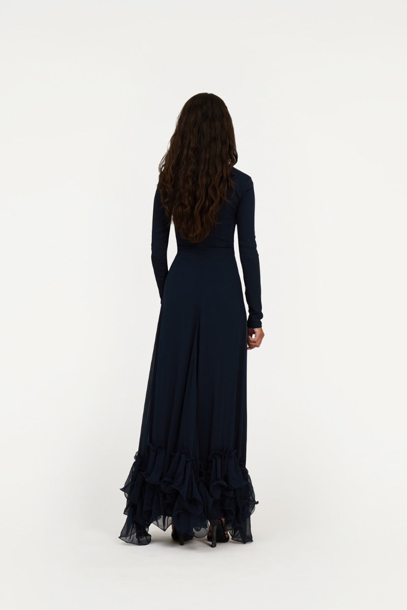 ROTATE Birger Christensen - Kjoler - Chiffon Maxi Ruffle Dress - Sky  Captain (Dark Blue)