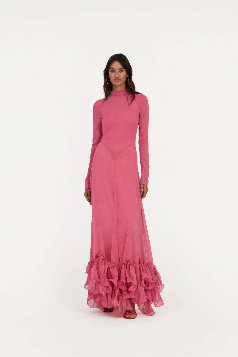 Chiffon Maxi Ruffle Dress - Carmine Rose (Pink)