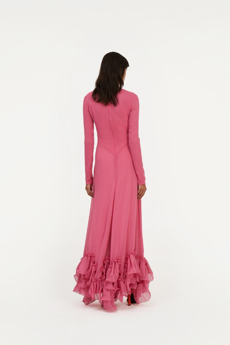 Chiffon Maxi Ruffle Dress - Carmine Rose (Pink)