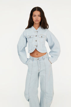 Round Sleeve Denim Jacket - Light Blue Denim