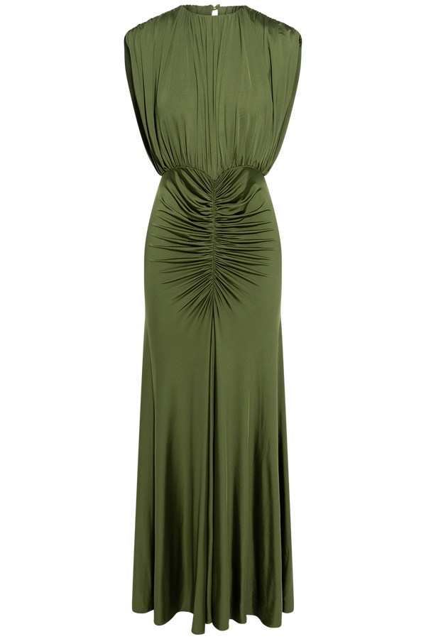 Olive Jersey Gathered Maxii Dress - Green