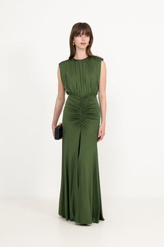 Olive Jersey Gathered Maxii Dress - Green