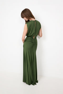 Olive Jersey Gathered Maxii Dress - Green
