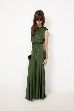 Olive Jersey Gathered Maxii Dress - Green