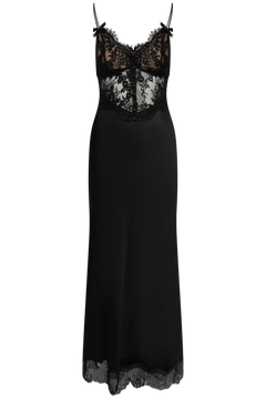 Black Satin Lace Midi Dress - Black