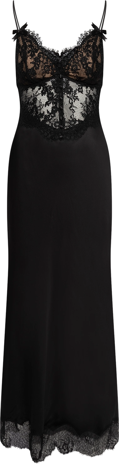 Black Satin Lace Midi Dress - Black