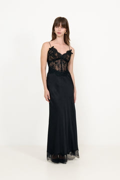 Black Satin Lace Midi Dress - Black