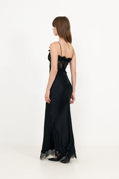 Black Satin Lace Midi Dress - Black