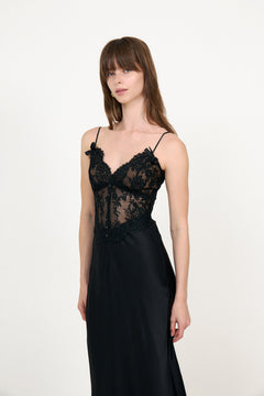 Black Satin Lace Midi Dress - Black