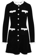 Black Chenille Knit Flower Trim Mini Dress - Black
