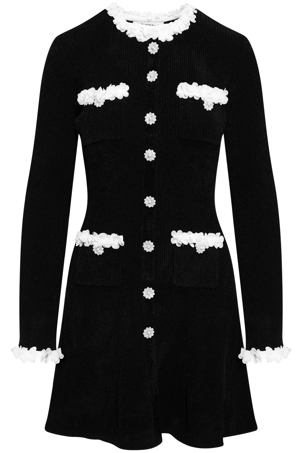 Black Chenille Knit Flower Trim Mini Dress - Black