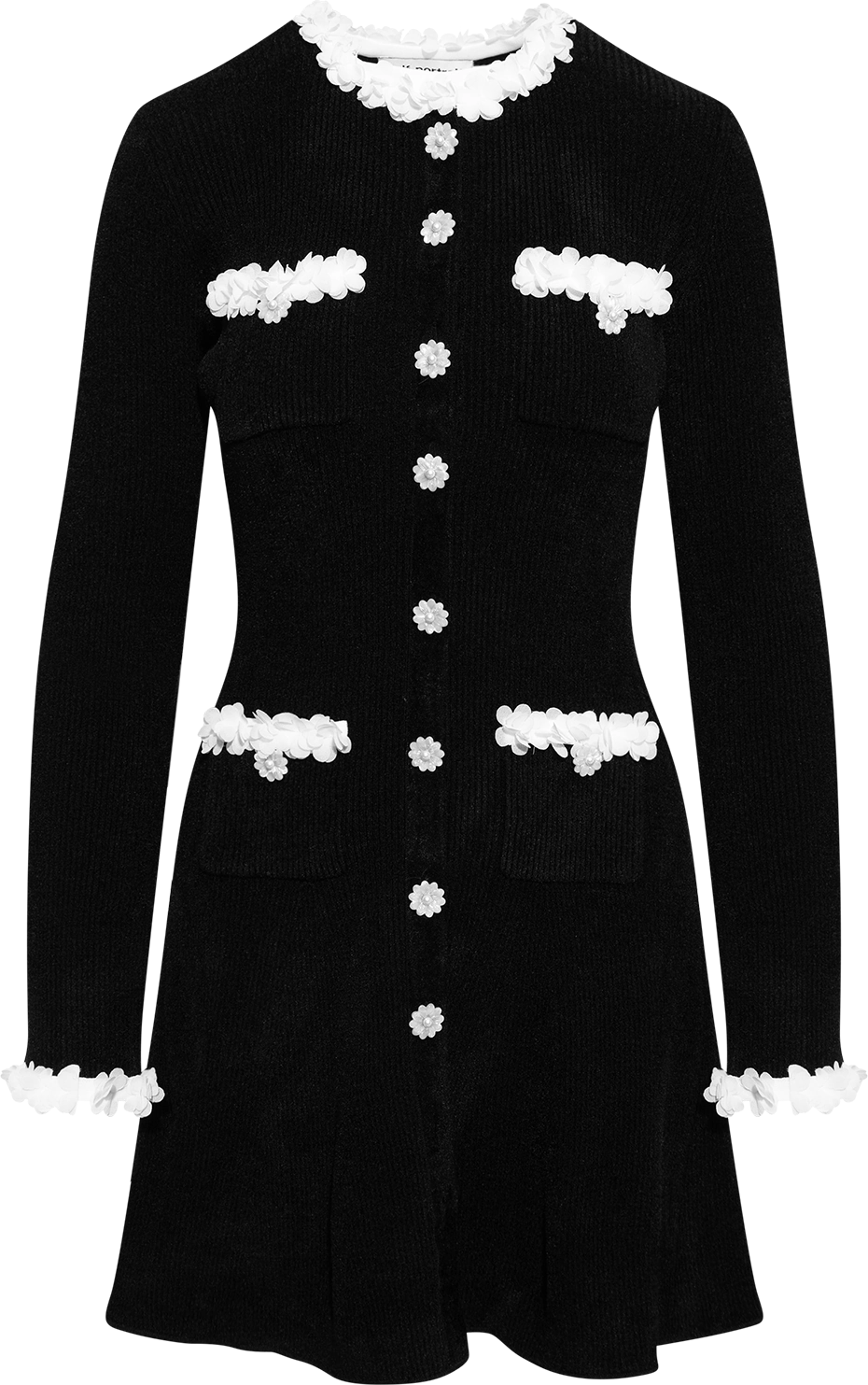 Black Chenille Knit Flower Trim Mini Dress - Black