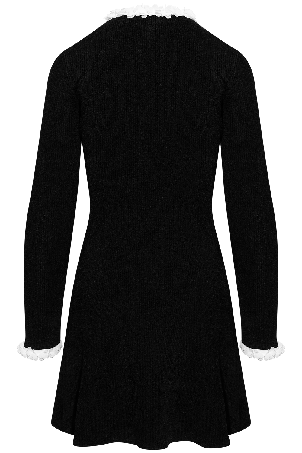 Black Chenille Knit Flower Trim Mini Dress - Black