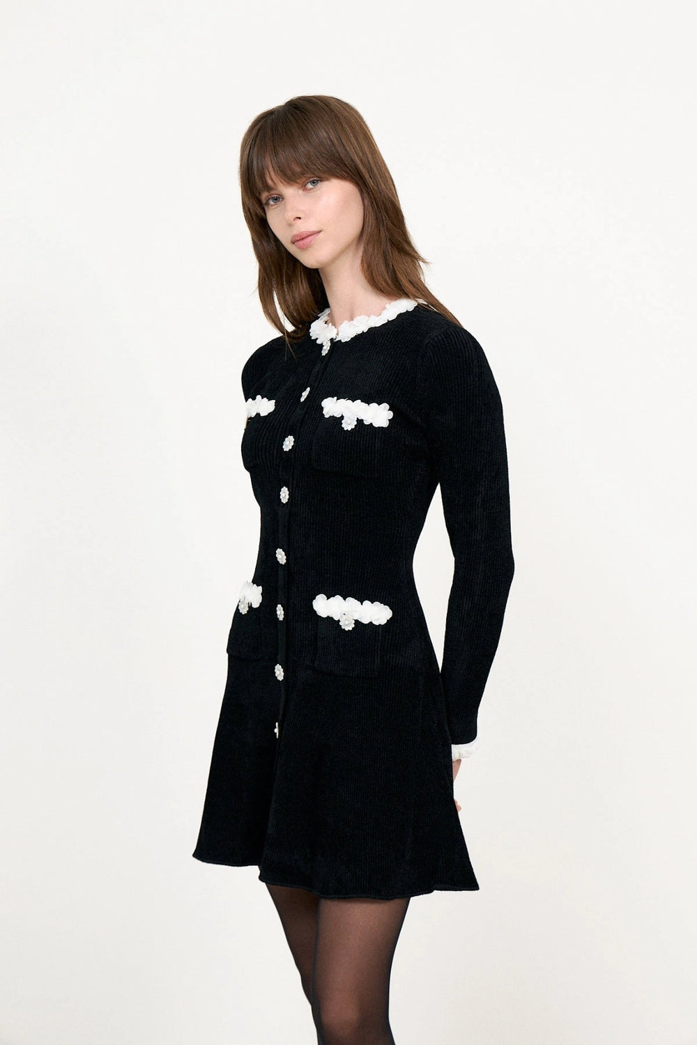 Black Chenille Knit Flower Trim Mini Dress - Black